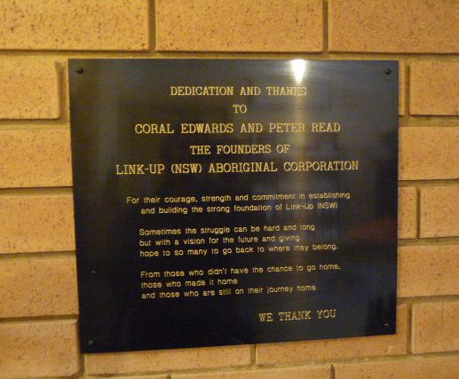 Dedication plaque for Link Uo founders Coral Edwards and Peter Read